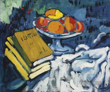 Stillleben mit Büchern und Obstschale Maurice de Vlaminck impressionistisch Ölgemälde